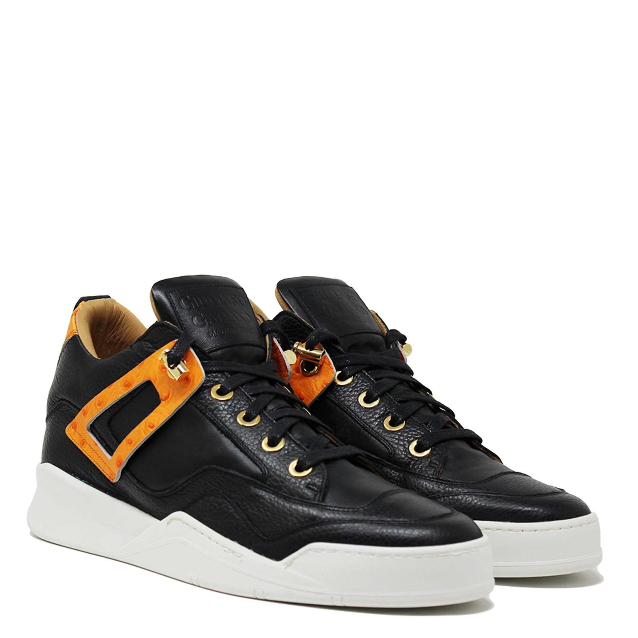 Power Black | Orange Ostrich | Leather | Limited Edition - Giuliano Galiano | Handcrafted Luxury Sneakers Made In Italy