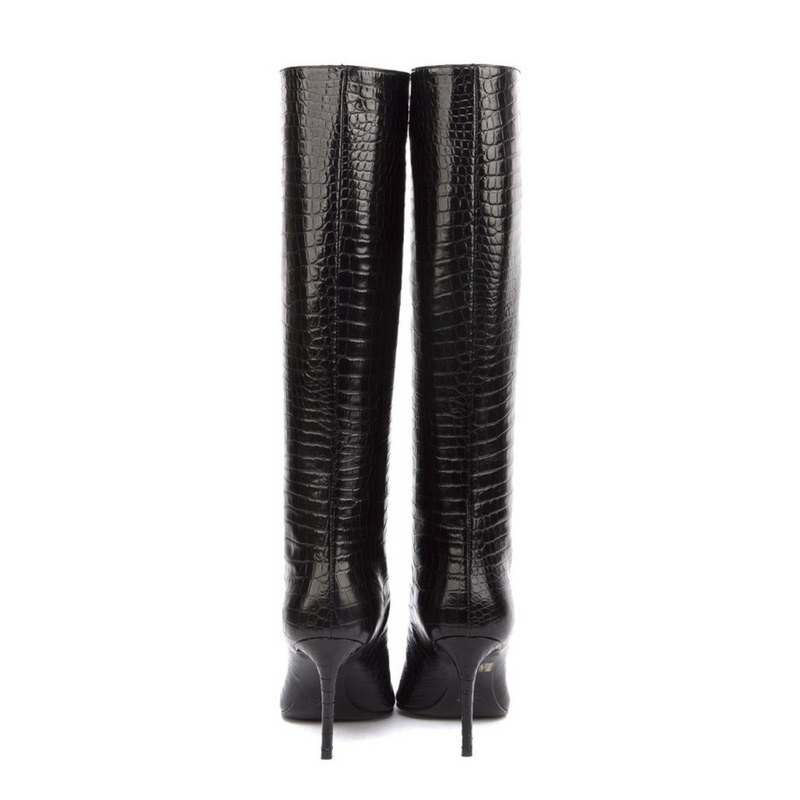 Lara Boots | Black Crocodile Embossed Leather | Woman