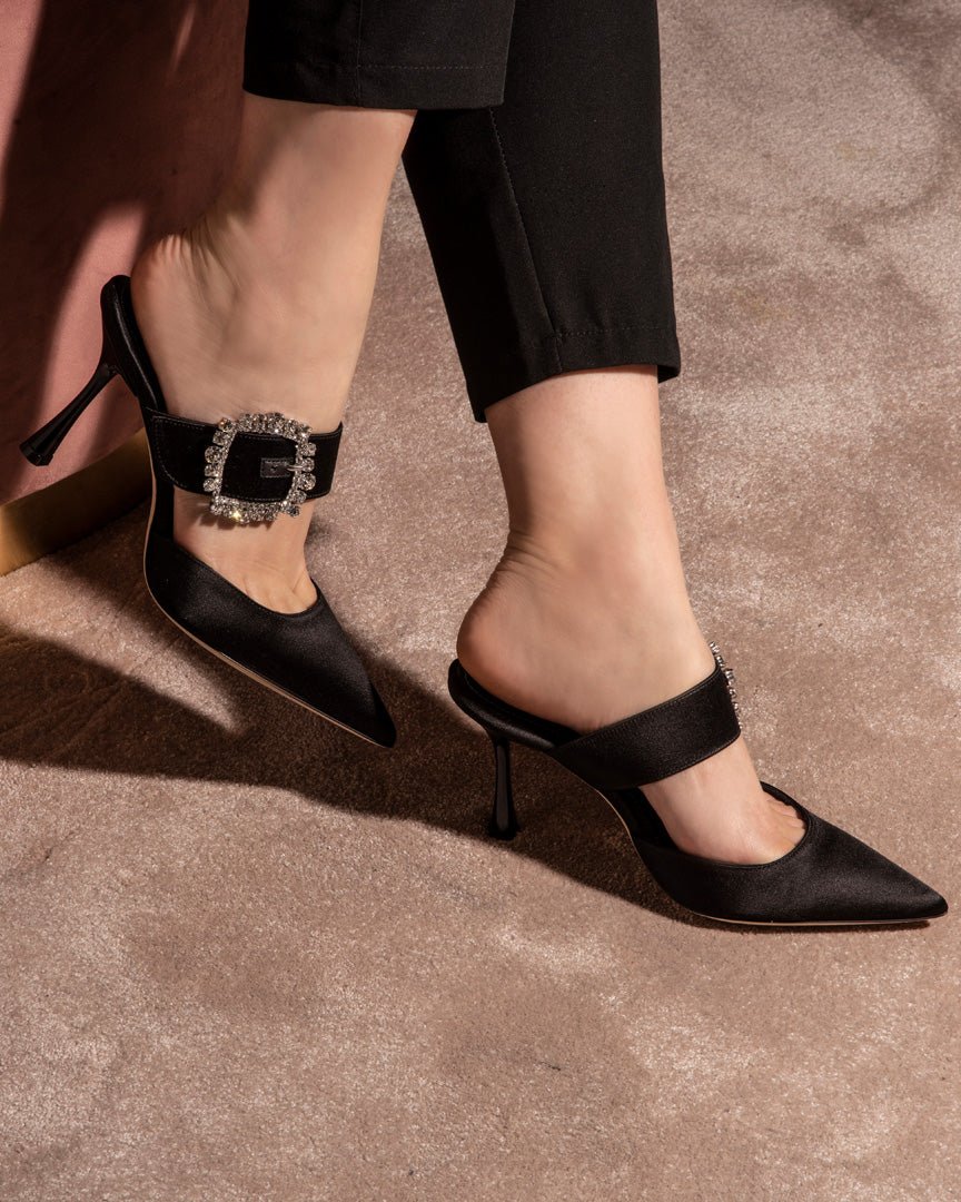 Mules Alena | Raso | Nero - Giuliano Galiano | Handcrafted Luxury Sneakers Made In Italy